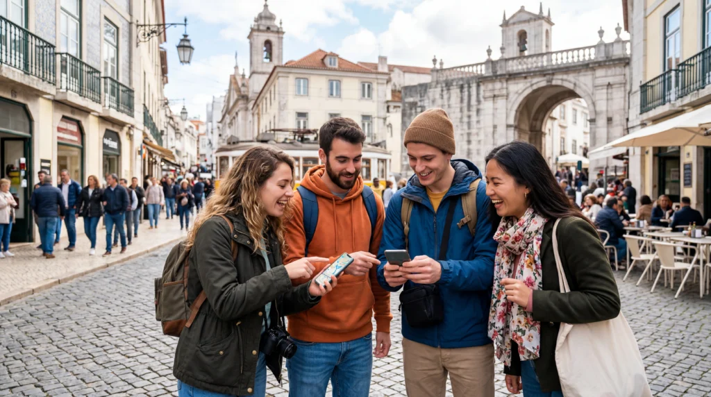 Group of travelers using smartphones with eSIM mobile data while exploring a destination together