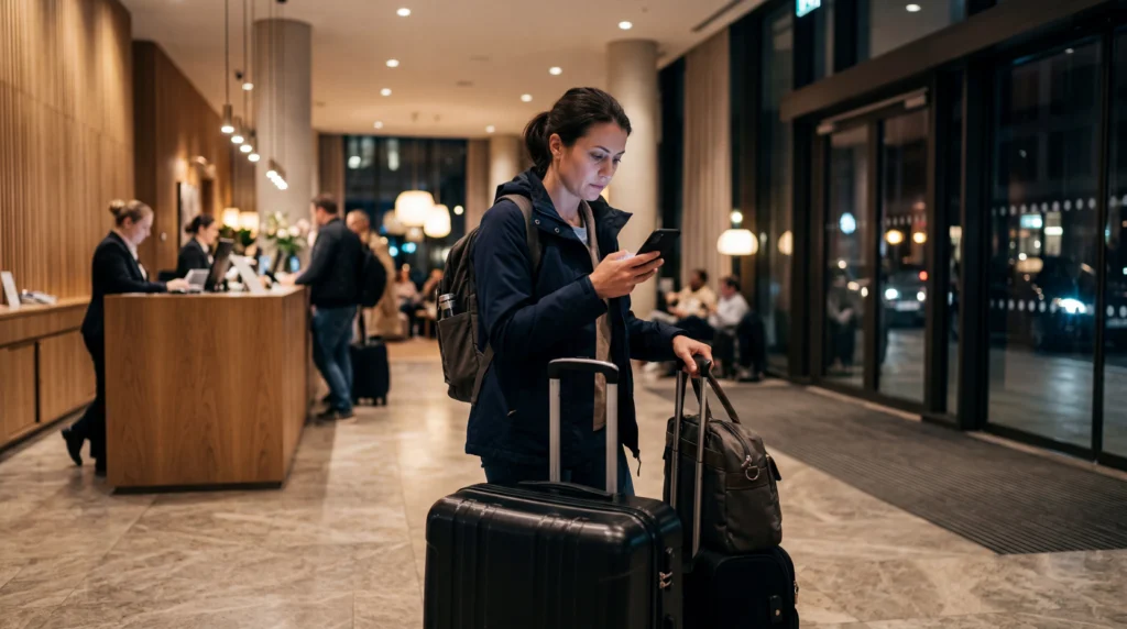 Traveler using smartphone with eSIM mobile data during a delayed hotel check-in after late arrival
