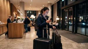 Traveler using smartphone with eSIM mobile data during a delayed hotel check-in after late arrival