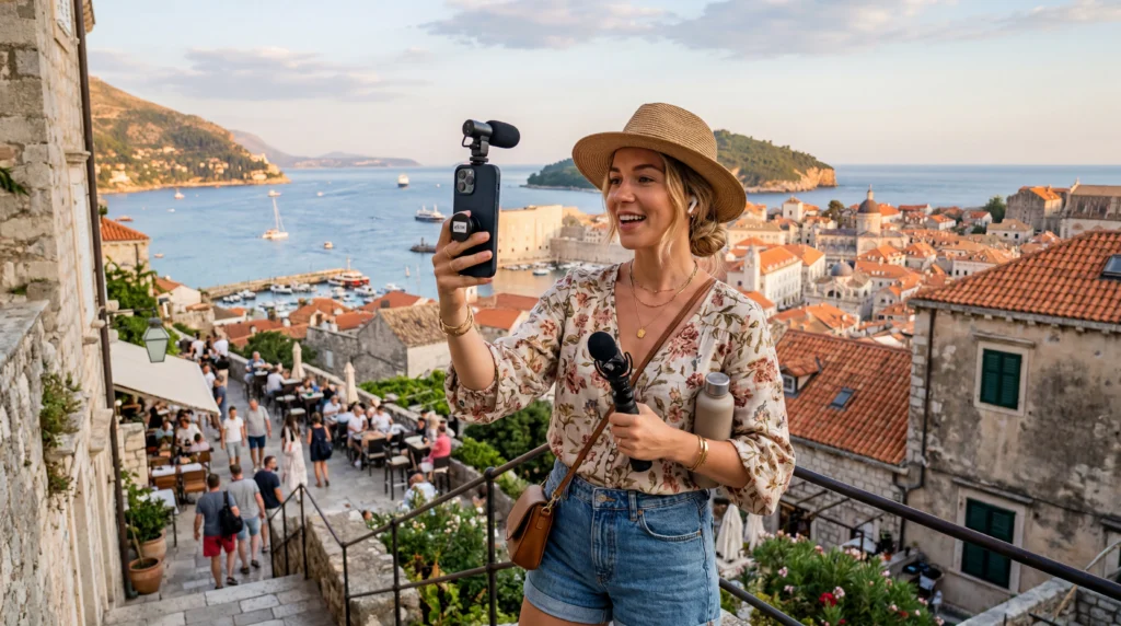Travel influencer using smartphone with eSIM mobile data while creating and posting content