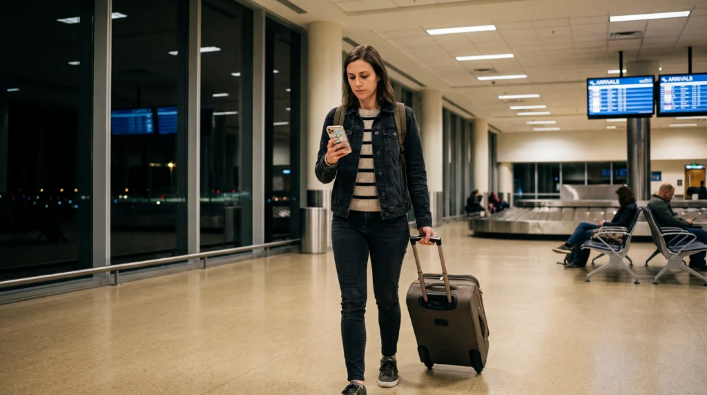 Traveler using smartphone with eSIM mobile data after a late-night airport arrival