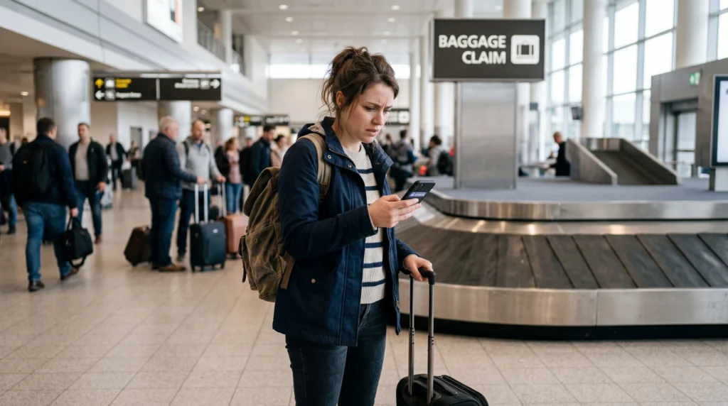 Traveler using smartphone with eSIM mobile data at airport baggage claim after lost luggage