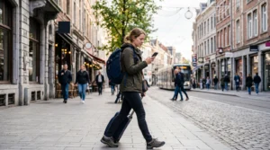 Traveler using smartphone with eSIM mobile data for maps and navigation while exploring a new destination
