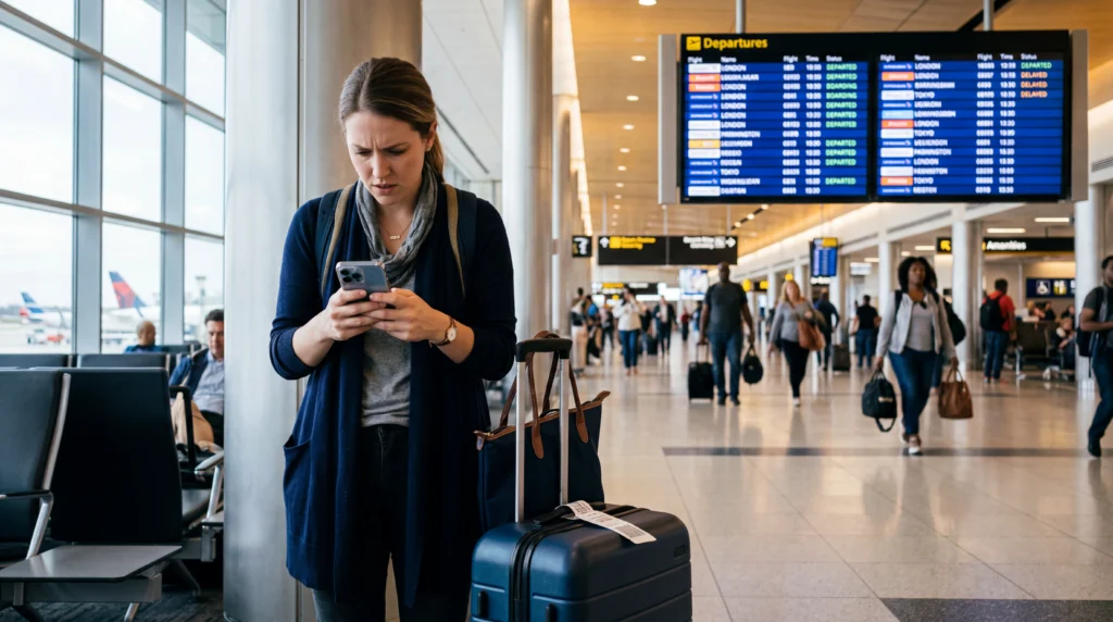 Traveler using smartphone with eSIM mobile data after missing a connecting flight at the airport