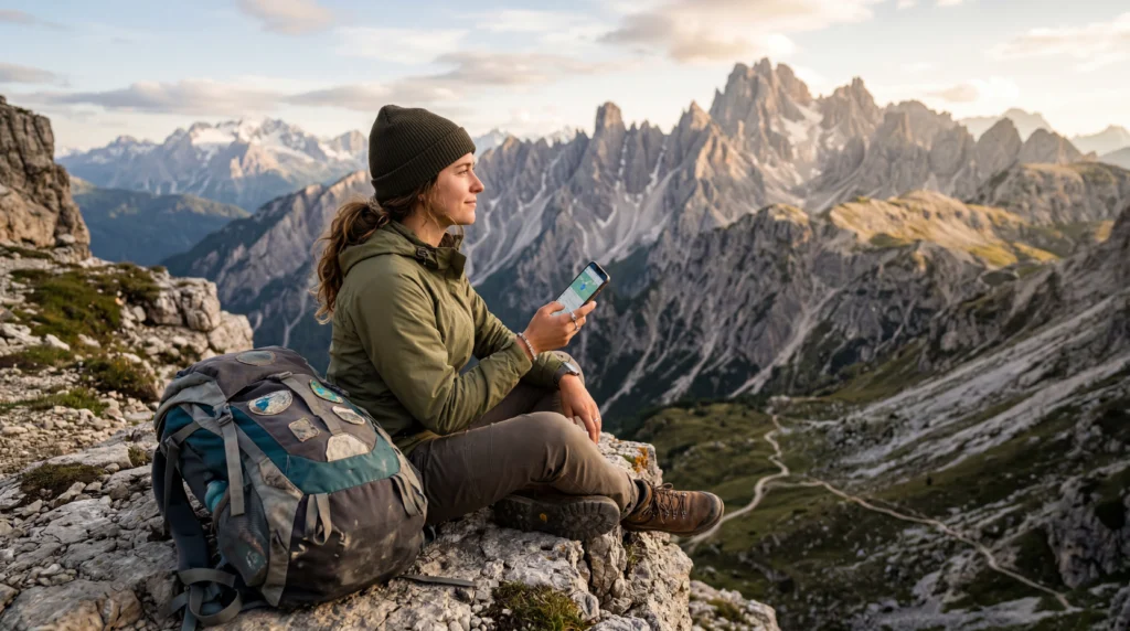 Traveler with backpack using smartphone and eSIM while traveling without a fixed itinerary