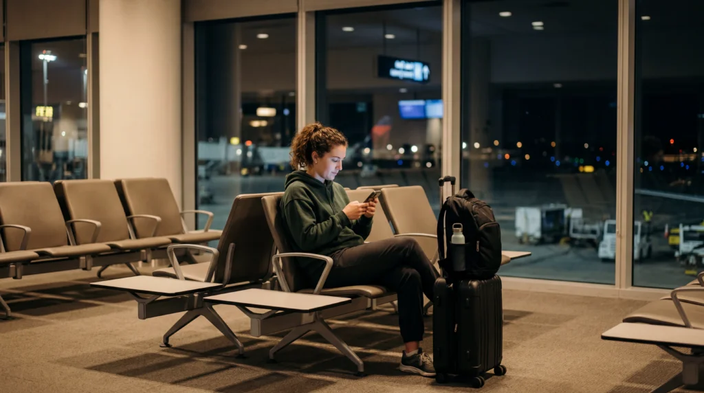 Traveler using smartphone with eSIM mobile data during an overnight layover at the airport