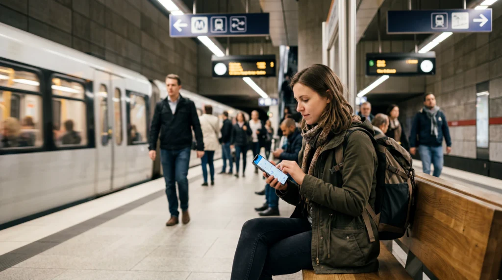 Traveler using smartphone with eSIM mobile data for public transport apps and directions abroad