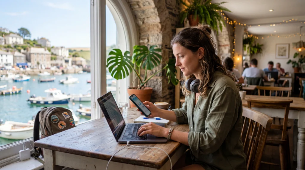 Remote worker using laptop and smartphone with eSIM mobile data while traveling