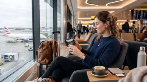 Traveler watching streaming video on smartphone while traveling