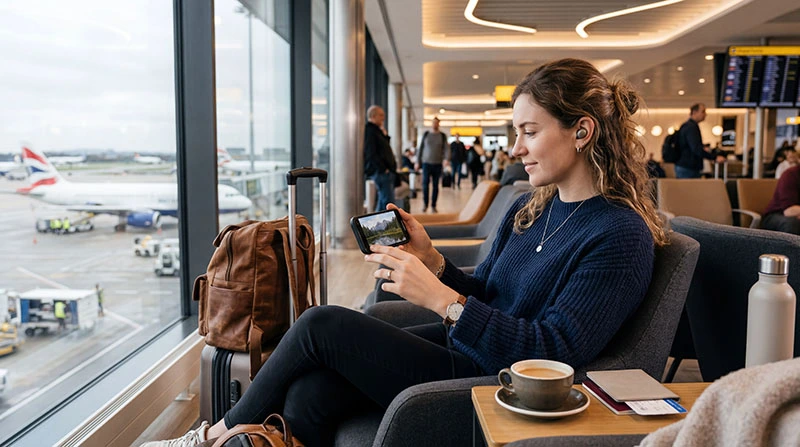 Traveler watching streaming video on smartphone while traveling