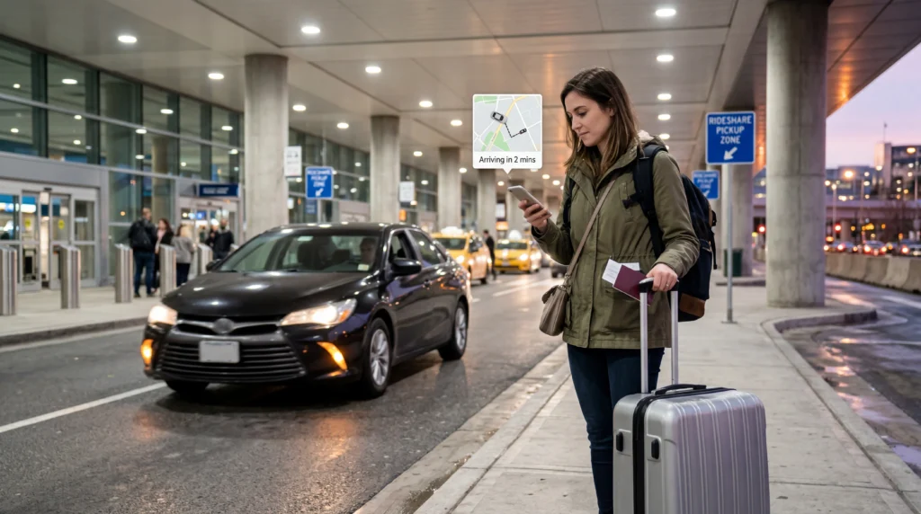 Traveler using smartphone with eSIM mobile data to book Uber or taxi abroad