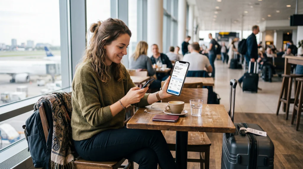 Traveler booking flights and hotels on smartphone using eSIM mobile data abroad