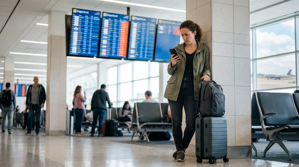 Traveler using smartphone with eSIM mobile data during a delayed flight at an airport