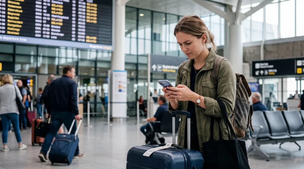 Traveler solving travel problem using smartphone with eSIM mobile data abroad