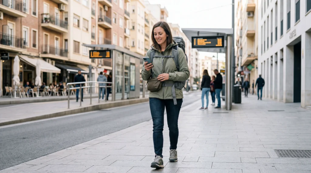 Traveler using smartphone with eSIM mobile data for safer navigation and communication abroad