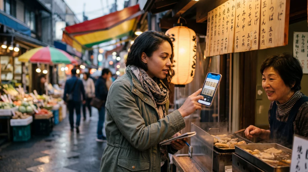Traveler using smartphone with eSIM mobile data for translation apps and communication abroad
