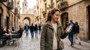 Traveler using smartphone with eSIM mobile data during a weekend city trip in Europe
