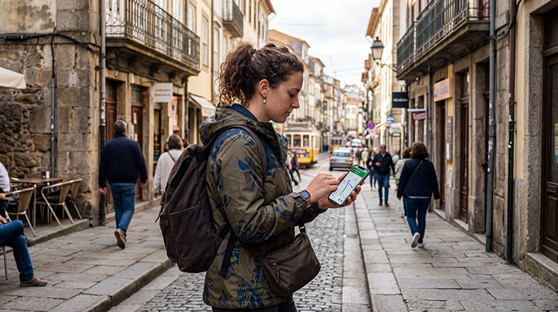 Traveler using smartphone with Google Maps navigation while traveling abroad