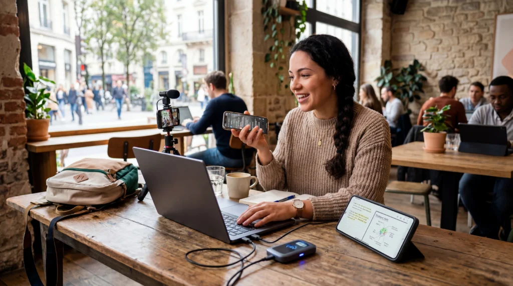 Traveler using eSIM hotspot for heavy data usage on multiple devices including laptop and smartphone abroad