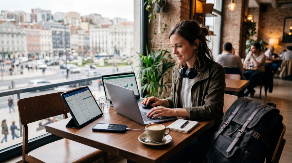 Traveler using smartphone hotspot eSIM to connect laptop and tablet while traveling abroad