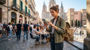Traveler using social media apps on smartphone while traveling abroad