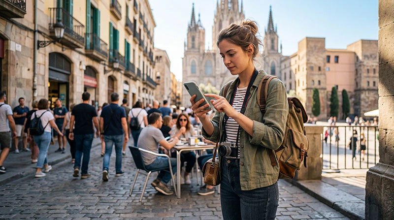 Traveler using social media apps on smartphone while traveling abroad