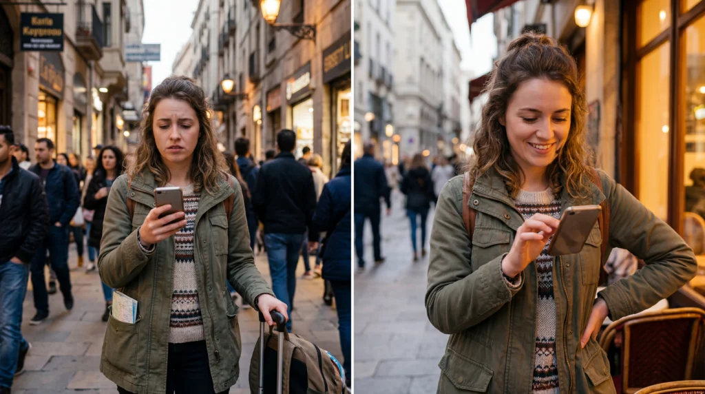 Traveler feeling confident and less stressed using eSIM mobile data abroad