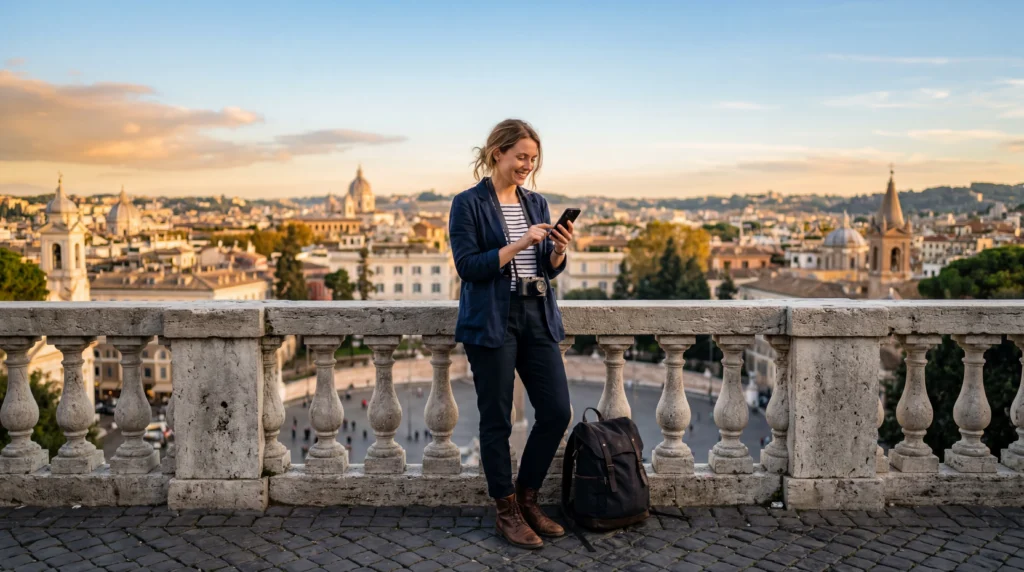 Traveler using eSIM abroad with confidence and freedom while staying connected anywhere