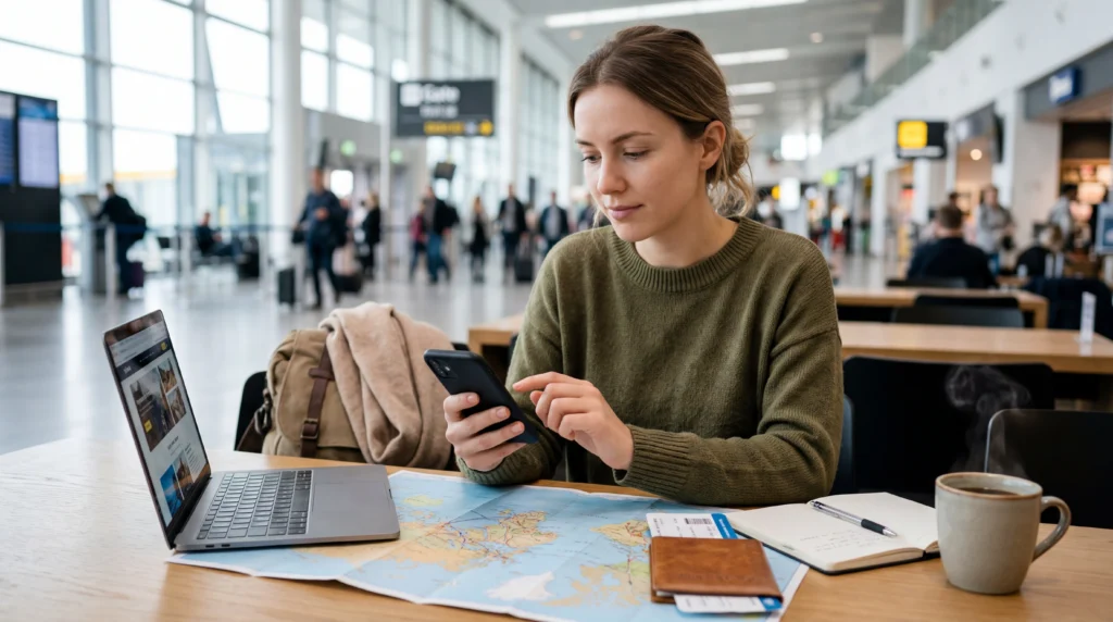 Traveler comparing eSIM plans on smartphone before choosing best mobile data option for travel