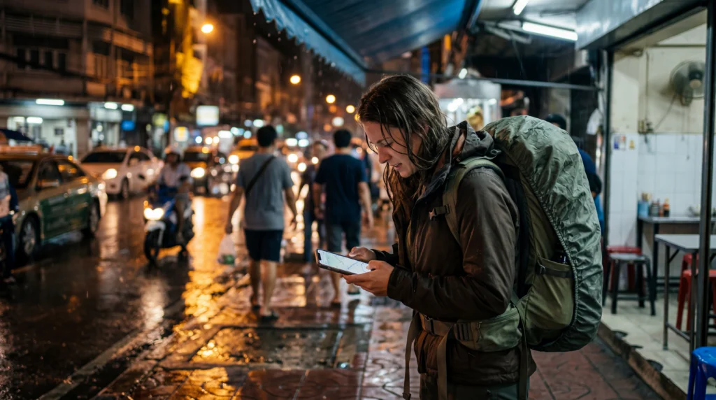 Traveler using smartphone during emergency abroad with mobile internet connection