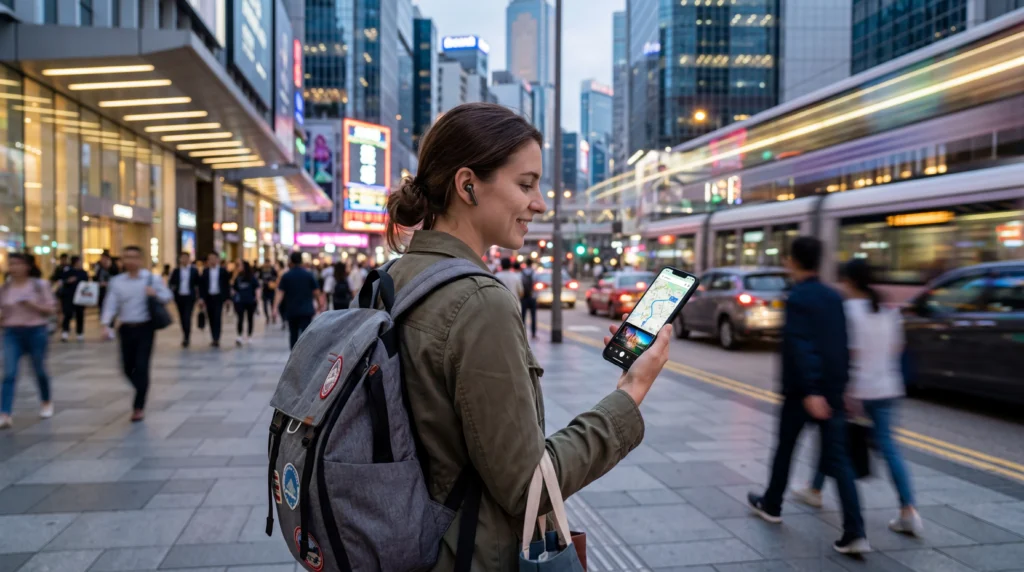 Traveler using fast and stable eSIM internet connection abroad for maps and apps