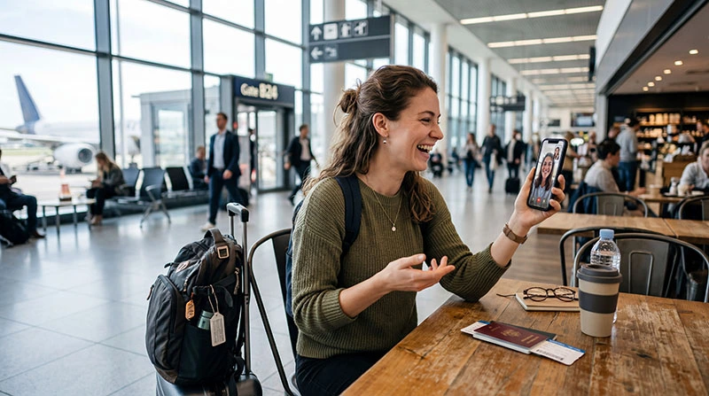Traveler making a video call on smartphone while traveling abroad