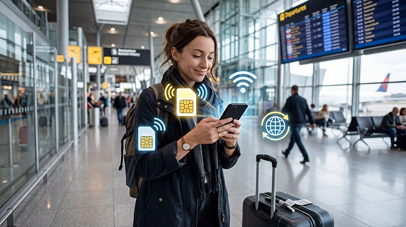 Traveler comparing eSIM, SIM card, WiFi and roaming for internet while traveling
