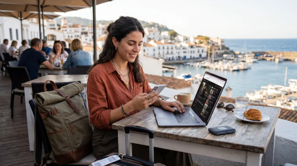 Traveler using smartphone and laptop with unlimited eSIM mobile data while traveling