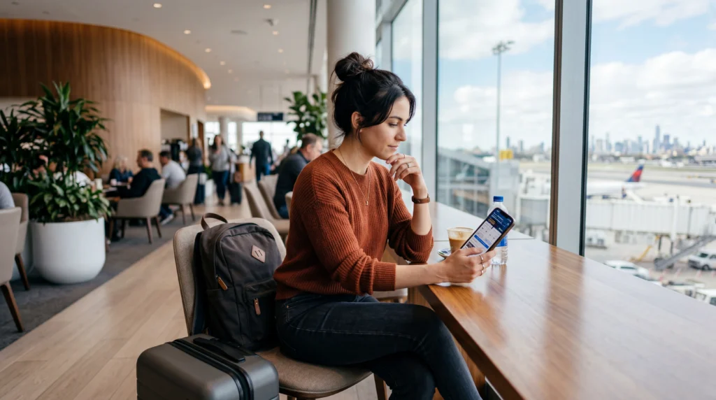 Traveler comparing eSIM plans on smartphone while traveling, choosing best value mobile data option