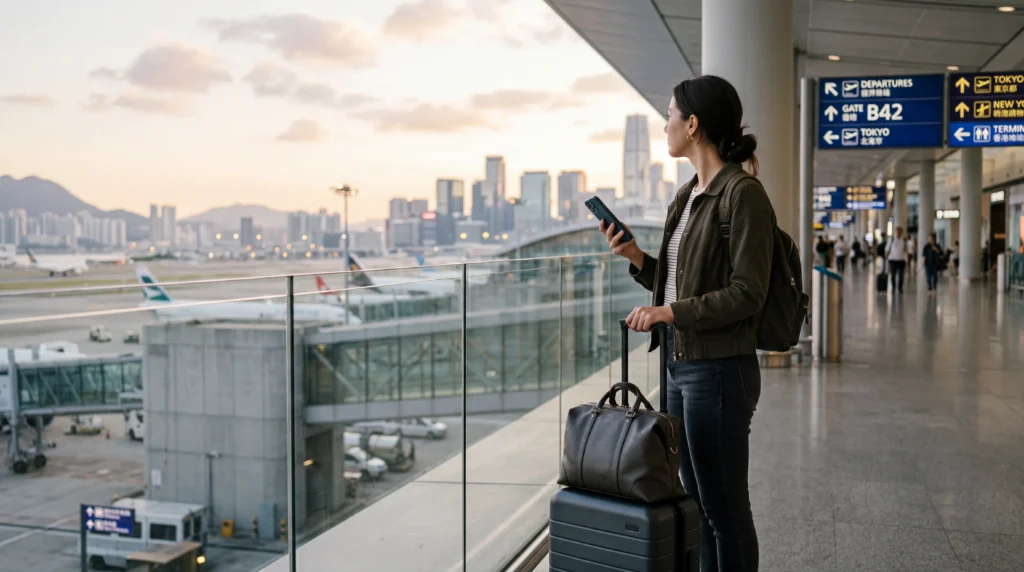 Traveler using smartphone for mobile internet abroad with eSIM while navigating during international travel