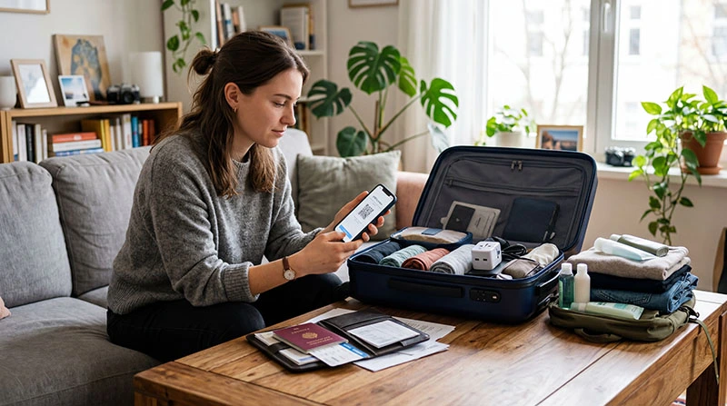 Traveler installing eSIM on smartphone before traveling