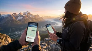 Traveler using smartphone with eSIM mobile signal and satellite messaging feature in remote mountain location.