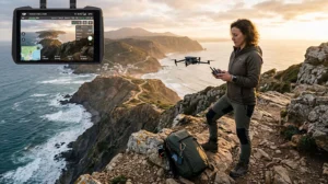 Traveler controlling drone with smartphone using eSIM mobile data during remote outdoor travel flight.