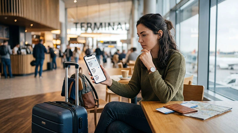 Traveler choosing the right eSIM data plan on smartphone before a trip