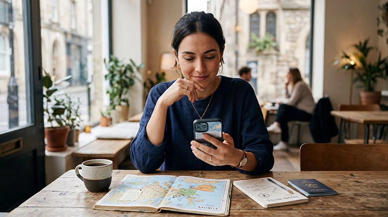 Traveler choosing the right eSIM plan on smartphone before a trip