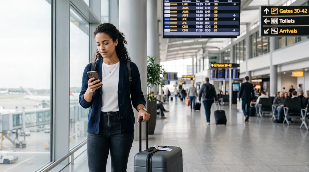 Traveler deciding whether to use eSIM for mobile internet while traveling abroad