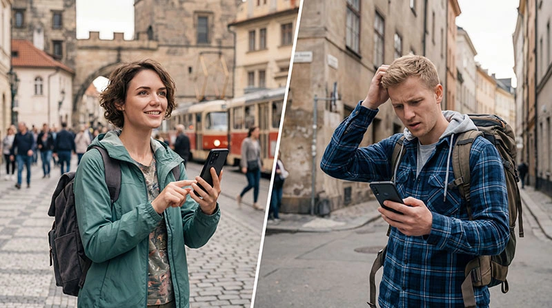 Comparison of traveler with and without mobile internet while navigating a city abroad