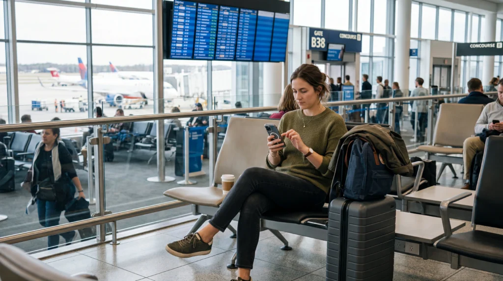 Traveler using smartphone with eSIM mobile data during a flight layover at an airport