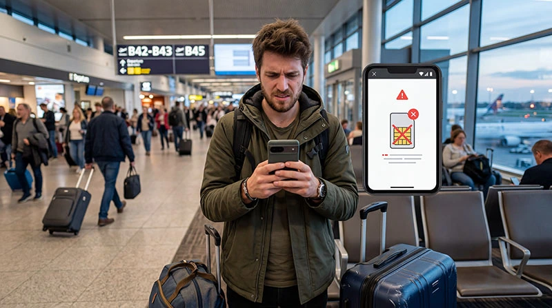 Traveler with smartphone experiencing eSIM not working abroad at airport
