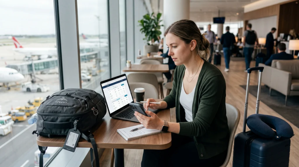 Traveler comparing eSIM plans on smartphone and laptop while choosing travel mobile data options