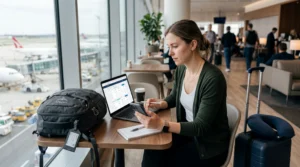 Traveler comparing eSIM plans on smartphone and laptop while choosing travel mobile data options