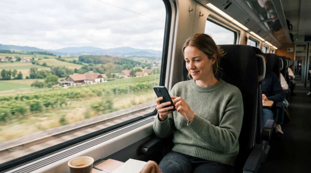 Traveler using mobile internet with eSIM while traveling by train between countries