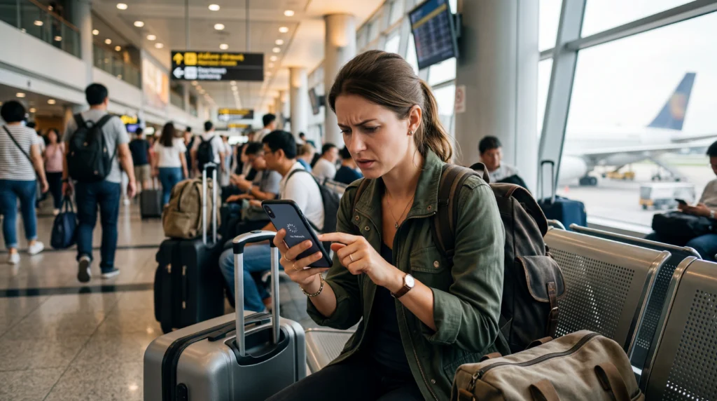 Traveler experiencing mobile data issues abroad due to common eSIM mistakes