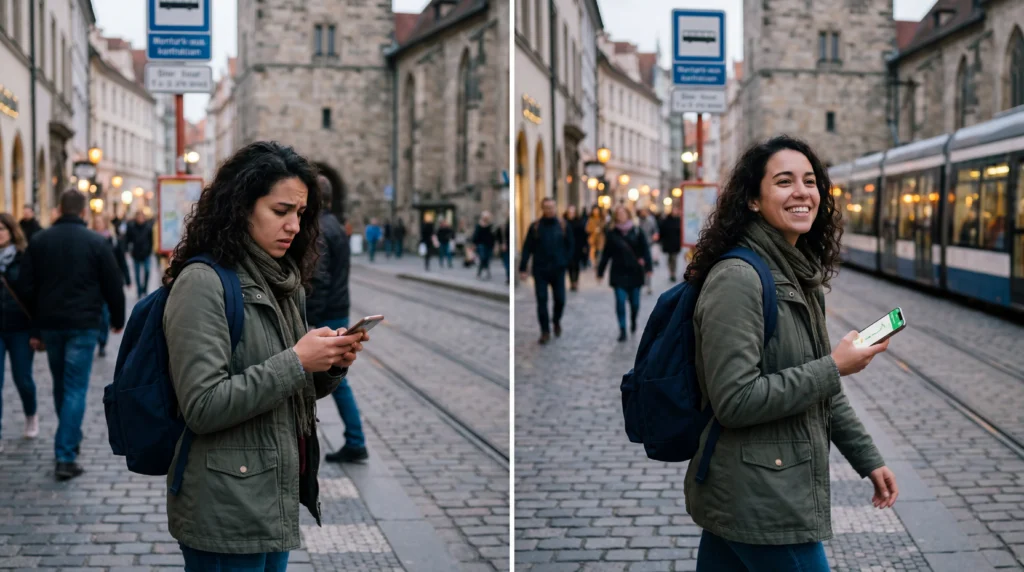 Traveler solving mobile data issues abroad using eSIM troubleshooting steps